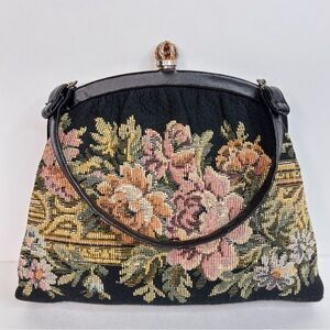 Vintage 1950’s Harry Levine Jewel Kiss Clasp Floral Tapestry Purse Leather Strap
